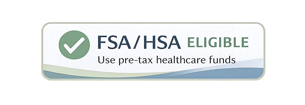 FSA/HSA eligible label with text about using pre-tax healthcare funds on a white background