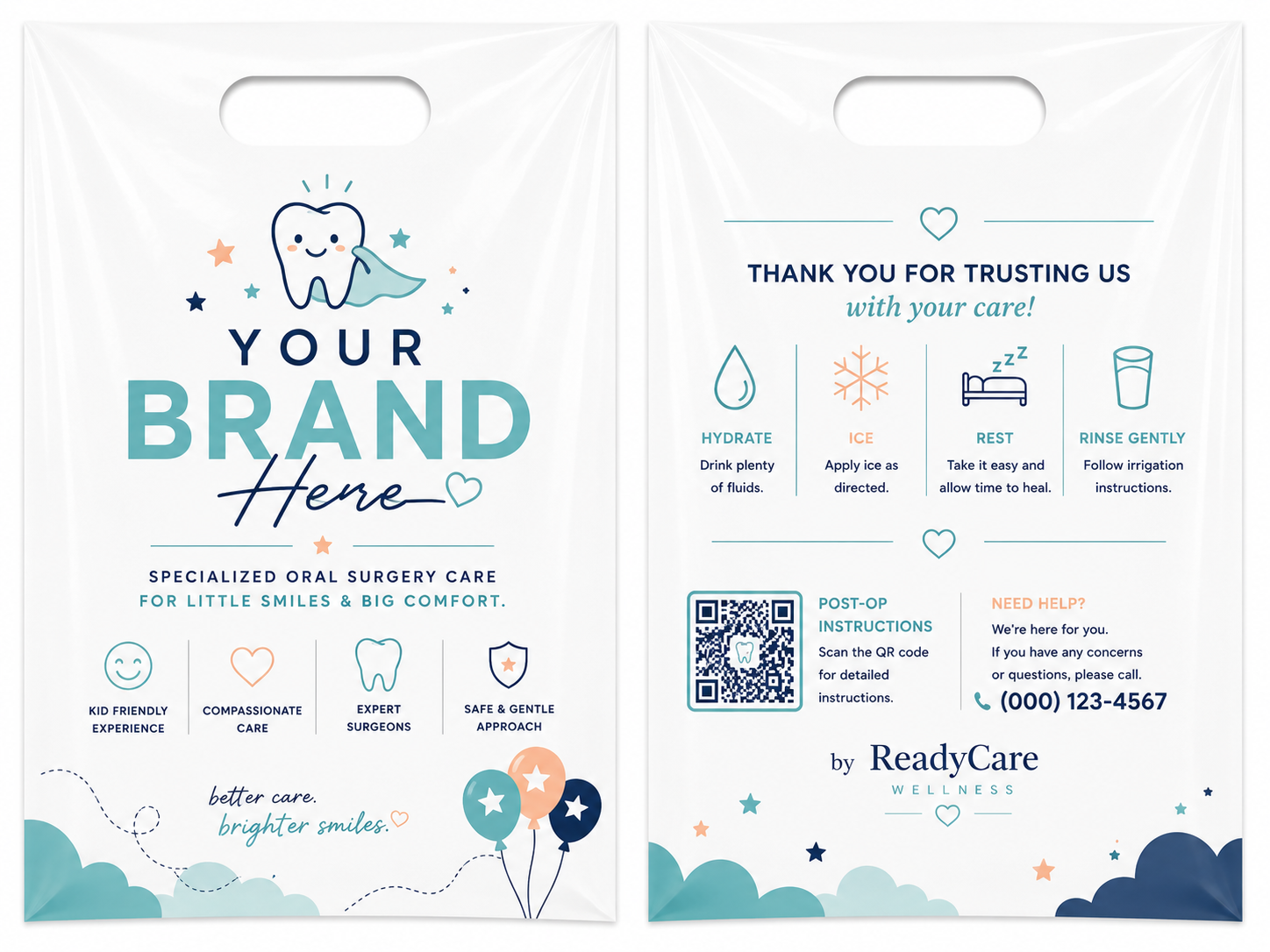 Custom branded bag - pediatric design with tooth character and balloons